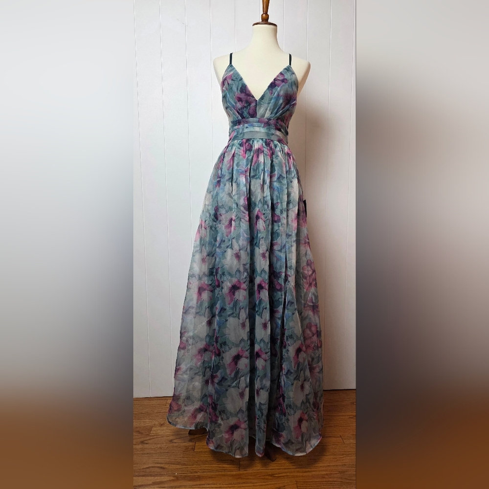 Lulus Teal Floral Organza Maxi Dress Side Slit Size XS
